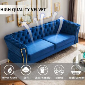 HRVEOCEI 87" Velvet Sofa with Gold Legs, Luxury Tufted Couch for Living Room,Chesterfield Sofa with Thick Cushion, Wide Armrest, High-Density Foam, Golden Metal Frame (Blue)