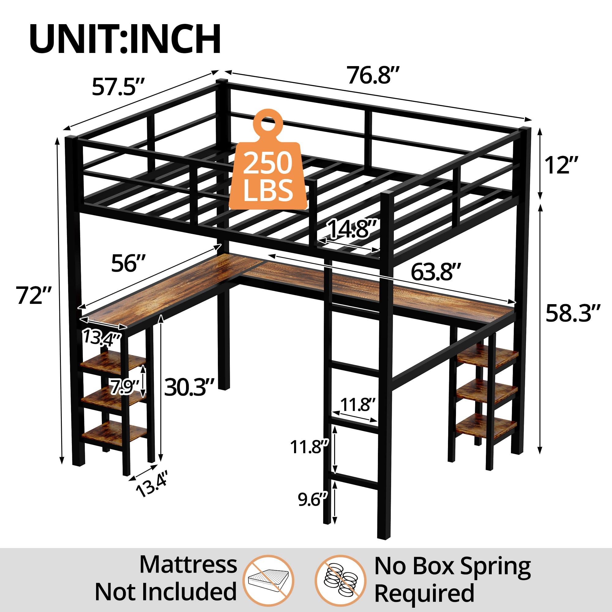 Full Size Loft Bed, Loft Bed with L-Shaped Wooden Desk and Storage Shelves, Metal Loft Bed Frame with Guardrail and Built-in Ladder, for Girls Boys Junior Adults, Space-Saving Design, Black and Brown