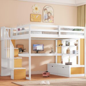 urunqi full size loft bed with desk and storage stairs, wood loft bed full with shelves & storage drawers,full loft bed with desk underneath for kids teens boys girls (white+natural-191)