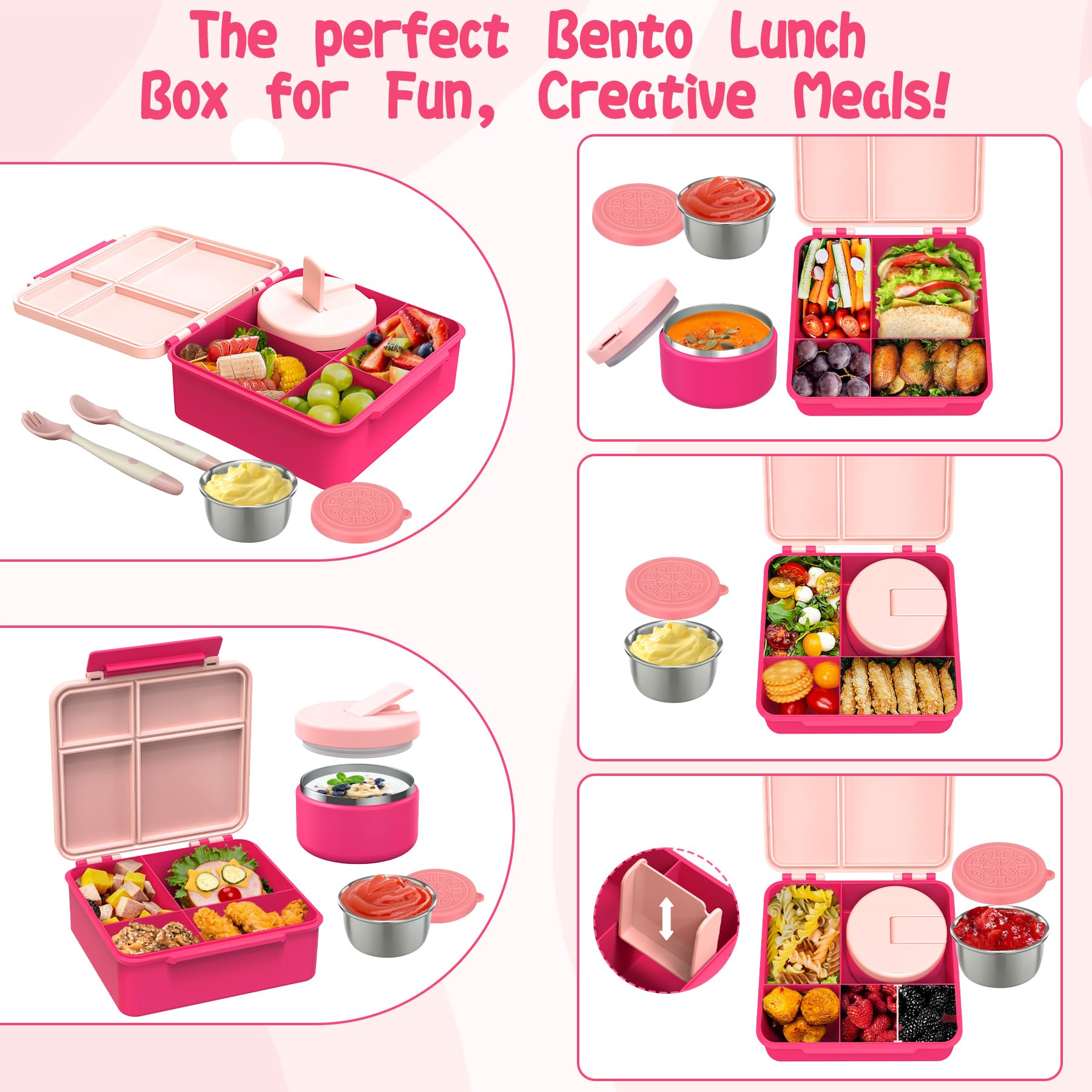 Kids Bento Lunch Box with 8oz Soup Thermo, Kids Leakproof Lunch Food Containers with 4 Compartment, Kids Insulated Hot Food Jar with Lunch Bag for School, Trvael (Pink)