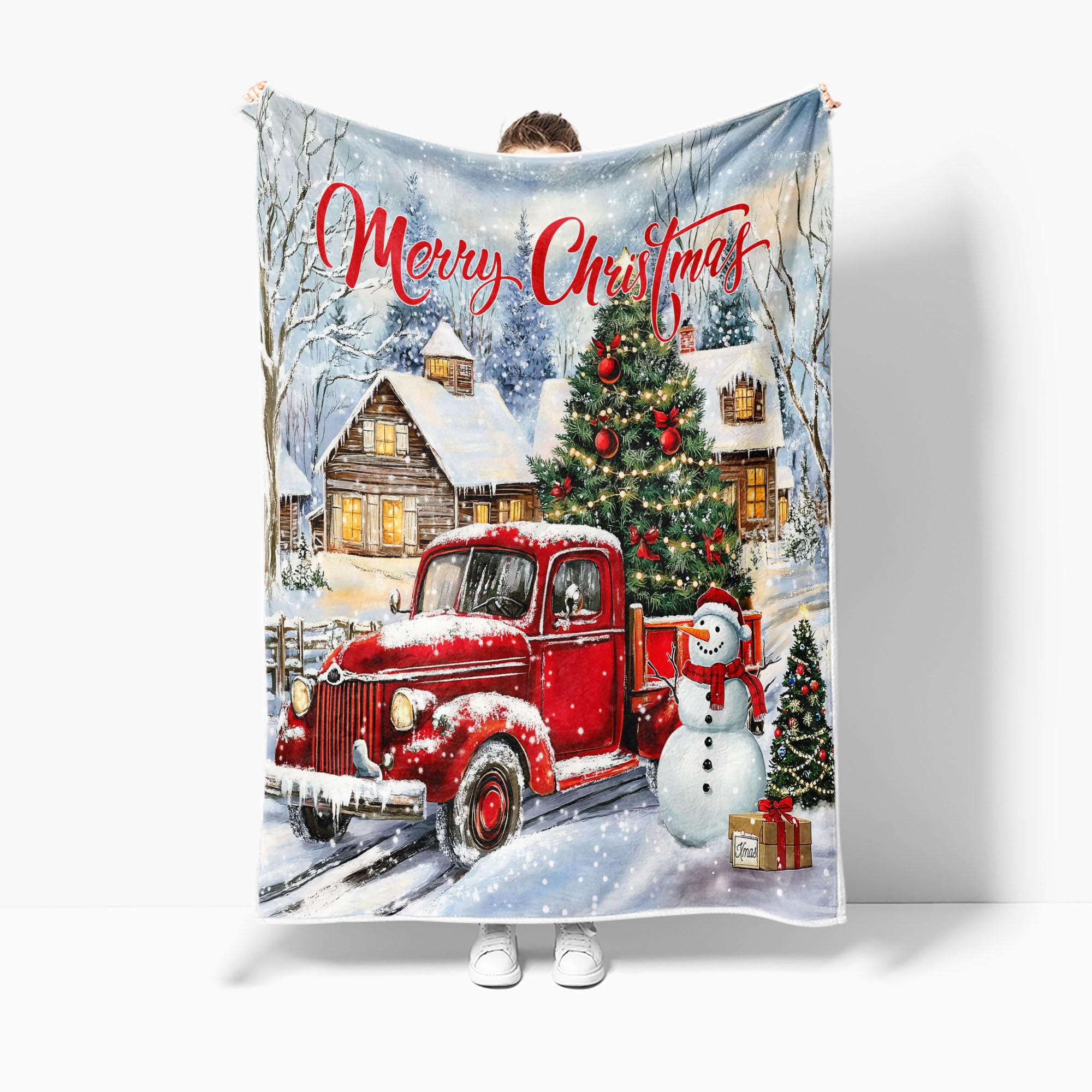 Merry Christmas Blanket, Vintage Red Truck Xmas Tree Winter Snow Snowman Rustic Retro Farmhouse Throw Blanket, for Kids Lightweight Soft Plush Blankets Couch Sofa Bed Blanket 50"X60"in