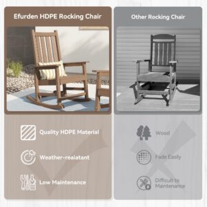 EFURDEN Outdoor Rocking Chair, HDPE Rocking Chair with Widened Seat and High Back, Weather Resistant and Fade Resistant Porch Rockers, Oversized Rocking Chair for Porch, Patio, Deck, Brown