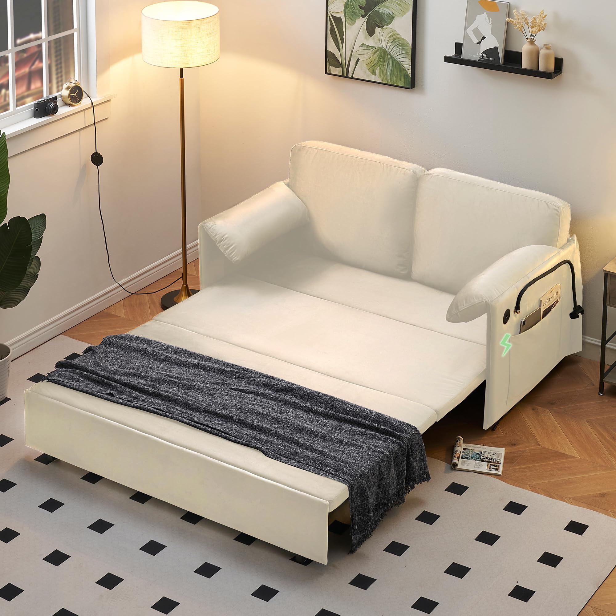 UPYOOE 63" Sofa Bed Queen Size, Pull Out Sofa Bed, 3-in-1 Convertible Sleeper Sofa with Phone Holder USB, Modern Velvet Futon Couch for Living Room, Small Space, Apartment, Bedroom, Beige