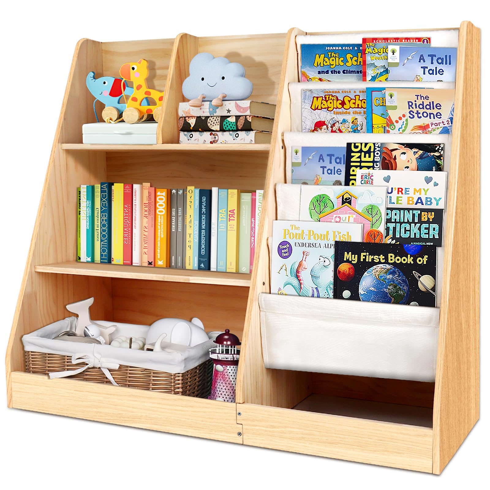 3 Tier Wooden Bookshelf for Kids: Five Layer Sling Children Bookcase - Toddler Book Toy Organizer Cabinet Chest for Playroom Nursery Classroom Library