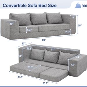 Hobestluk Folding Sofa Bed Couch Convertible Floor Sofa Beds for Adults Foldable Sleeper Sofa Lounge with Three Pillows for Living Room Fold-Out Floor Chair Beds for Bedroom Apartment Office(Grey)