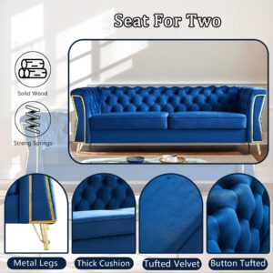 HRVEOCEI 87" Velvet Sofa with Gold Legs, Luxury Tufted Couch for Living Room,Chesterfield Sofa with Thick Cushion, Wide Armrest, High-Density Foam, Golden Metal Frame (Blue)