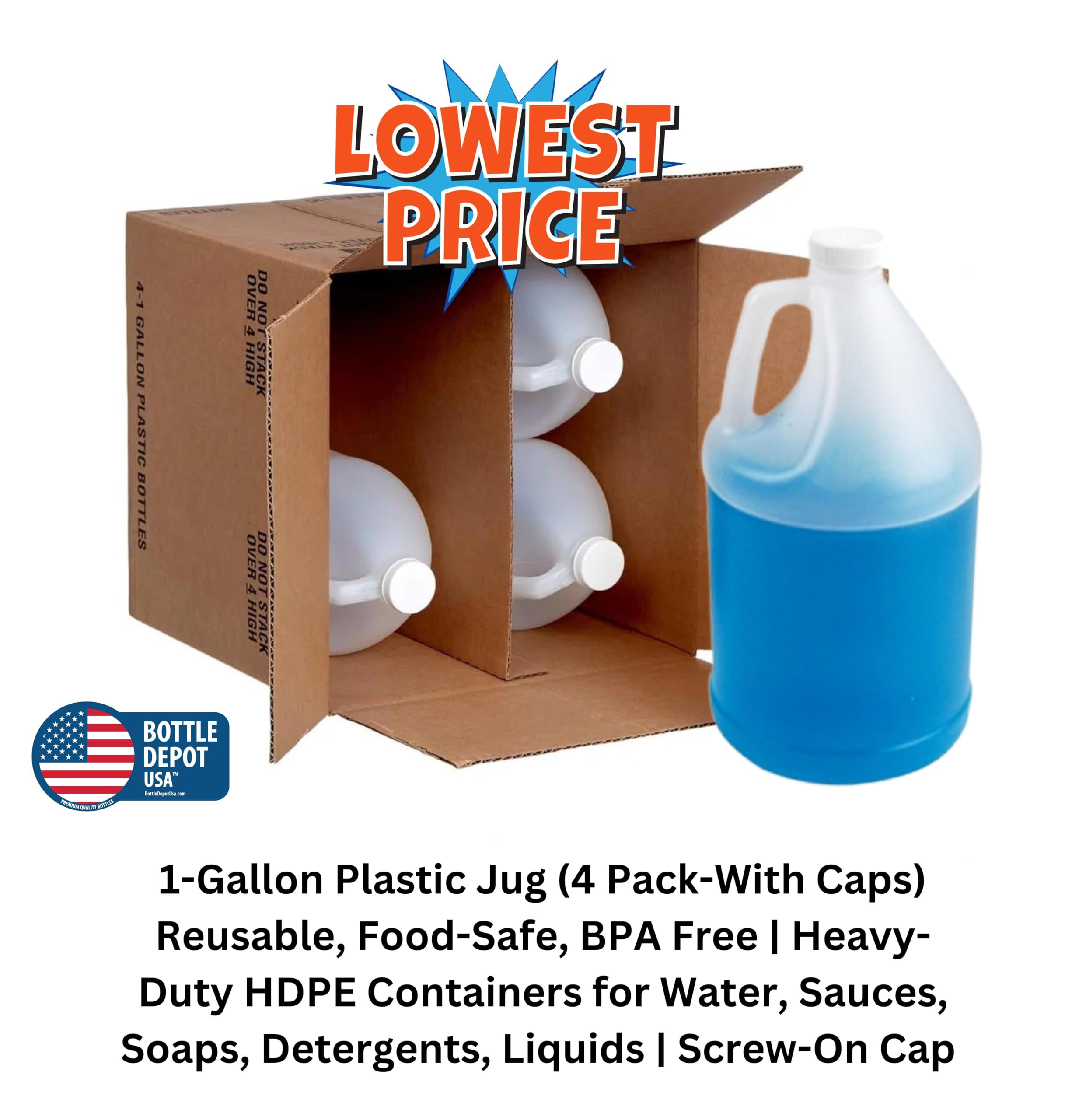 BOTTLE DEPOT USA 4 PACK 1-Gallon Empty Plastic Jugs, Reusable With Shipping Box, Food-Safe, BPA Free | Heavy-Duty HDPE | With White Tamper Evident Screw Caps