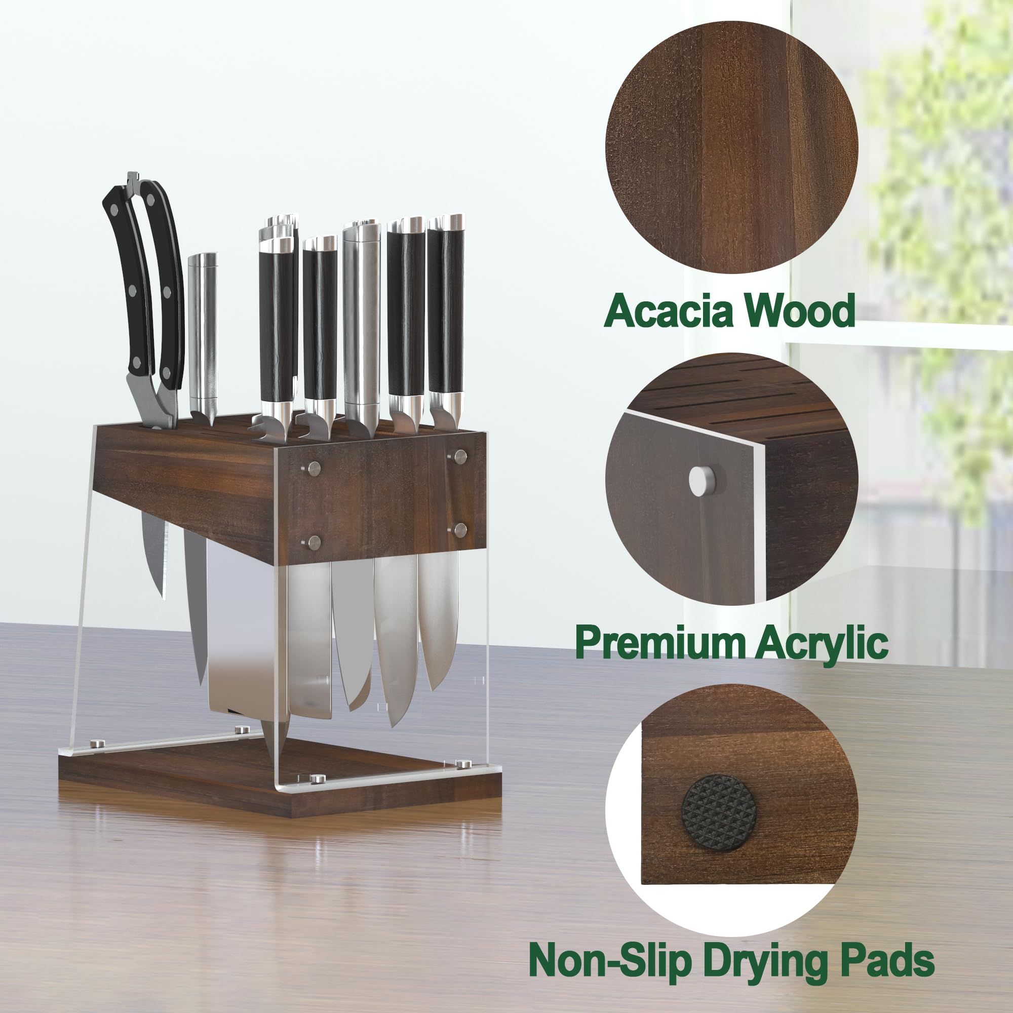 Universal Knife Block With Acrylic Shield, Acacia Wood Knife Holder without Knives for Scissors and Various Knives Suitable for Kitchen Countertops