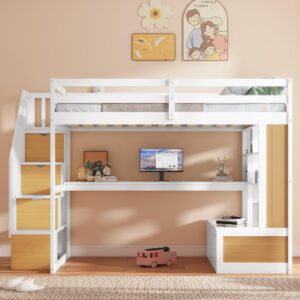 Urunqi Full Size Loft Bed with Desk and Storage Stairs, Wood Loft Bed Full with Shelves & Storage Drawers,Full Loft Bed with Desk Underneath for Kids Teens Boys Girls (White+Natural-191)