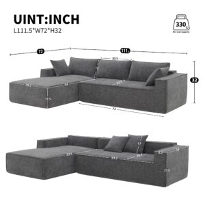 VnndeNest 111" Modular Sectional Couch, Comfy Chenille Fabric Floor Sofa, L-Shape Sectional Sofa with Chaise Lounge, Free Combination Foam-Filled Sleeper Sofa for Living Room, Apartment, Grey