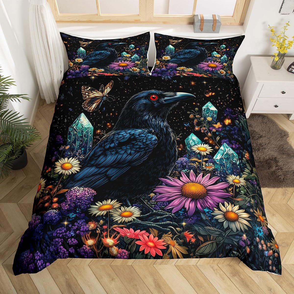 Erosebridal Crow Comforter Cover Full Size, Halloween Raven Bedding Set for Kids Teens Adult Women, Black Bird Animal Duvet Cover Flower Daisy Floral Quilt Cover Rustic Farmhouse Decoration