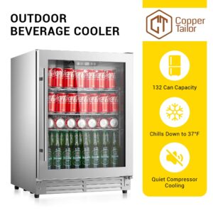 CT Copper Tailor Outdoor Beverage Cooler,132 Cans Freestanding or Built in Fridge with Glass Door, Adjustable Shelves & Digital Temperature Display for Soda, Wine or Beer(5.3 cu.ft)