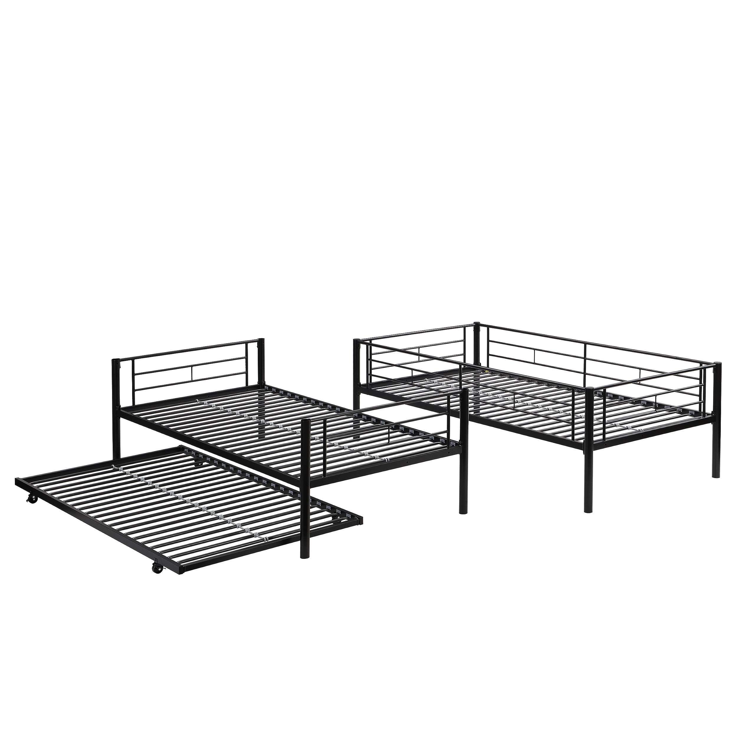 UOCFYK Twin Over Twin Metal Bunk Bed with Trundle,Twin Metal Bed Frame with 2 Ladder and Guardrails&Convertible Bunkbeds for Boys/Girls,Space Saving Design,No Spring Box Required,Black