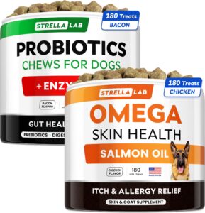 omega 3 + probiotics dogs bundle - allergy & itch + improve digestion & immunity - omega 3 & pumpkin + digestive enzymes - prebiotics - itchy skin + itching & licking treats - 360 chews - made in usa