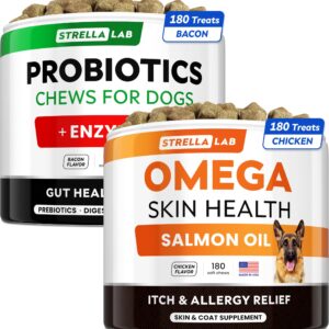 Omega 3 + Probiotics Dogs Bundle - Allergy & Itch + Improve Digestion & Immunity - Omega 3 & Pumpkin + Digestive Enzymes - Prebiotics - Itchy Skin + Itching & Licking Treats - 360 Chews - Made in USA