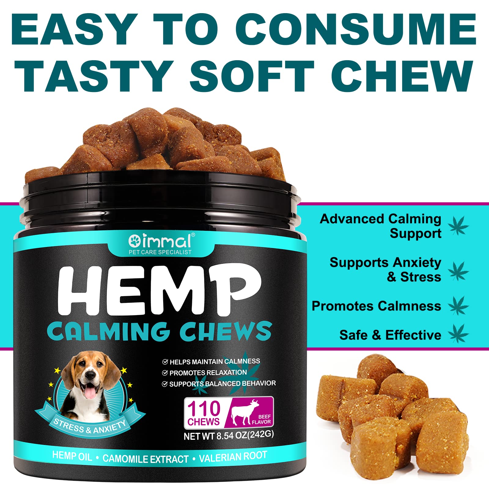 Hemp Calming Chews for Dogs 110 Count (8.54 oz), Beef Flavored Dog Calming Chews, Helps with Dog Anxiety, Separation, Barking, Stress Relief, Sleep Calming Aid, for All Breeds & Sizes