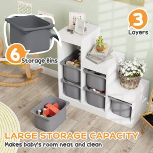 Qaba Kids Toy Storage Organizer with 6 Storage Bins, 3 Layers Kids Bookshelf Toy Organizer for Boys and Girls Aged 3-8 Years, Play Room, Bedroom, Gray