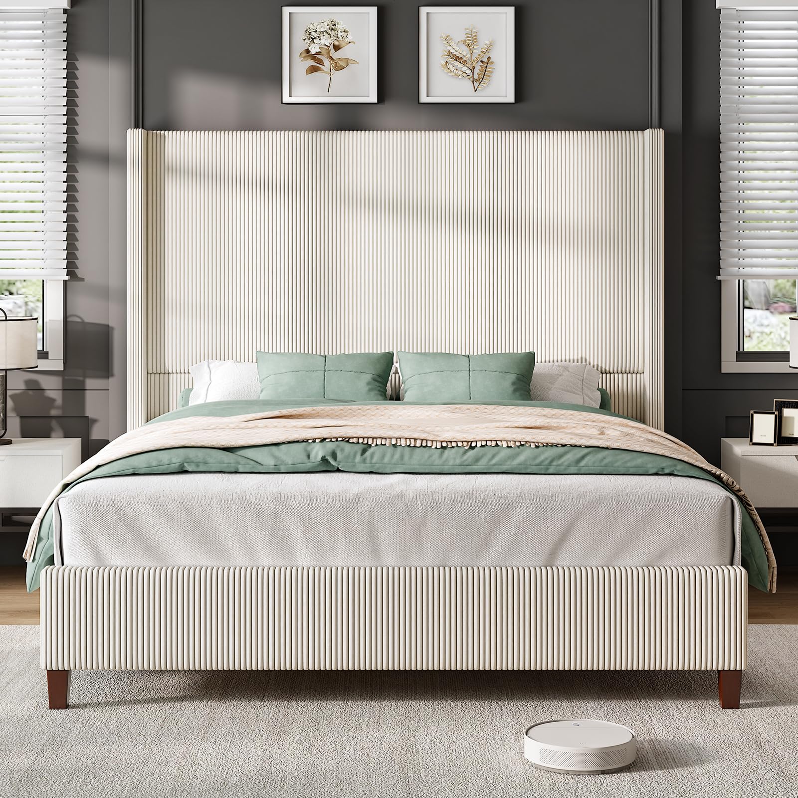 AMERLIFE King Size 62" Corduroy Upholstered Bed Frame, Luxurious Platform Bed with Extra Tall Wingback Headboard and Vertical Stripe, No Box Spring Needed/Solid Wood Slats & Legs/Cream