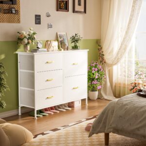 YILQQPER Dresser for Bedroom with 5 Drawers, Dresser TV Stand for 45" TV, Wide Bedroom Dresser Storage Organizers, Fabric Chest of Drawers, Dresser for Living Room, Closet, White