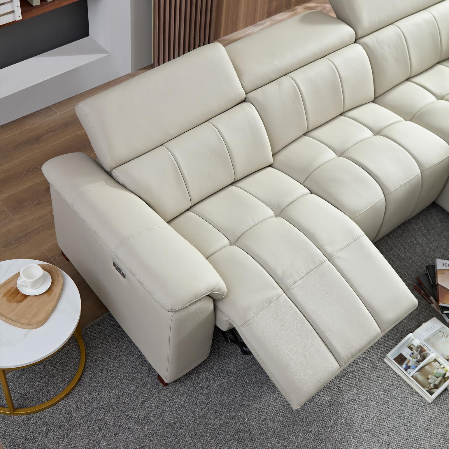 TURRIDU Oversized Genuine Leather L Shaped Sofa, Modern Electric Control Seat 3-Seater Couch with USB Interface, Power Recliner, Reclining Sectional Sofa with Console& Single Left Recliner, Beige