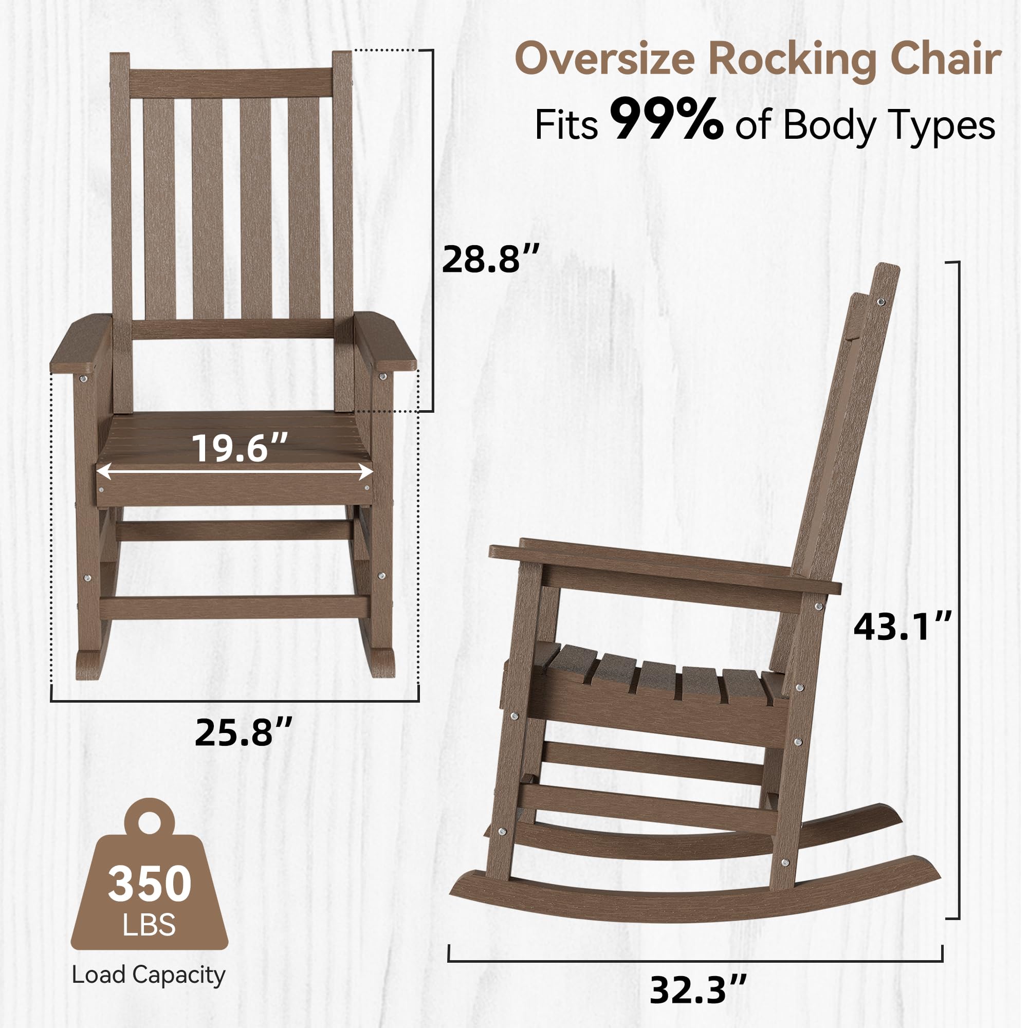 EFURDEN Outdoor Rocking Chair, HDPE Rocking Chair with Widened Seat and High Back, Weather Resistant and Fade Resistant Porch Rockers, Oversized Rocking Chair for Porch, Patio, Deck, Brown