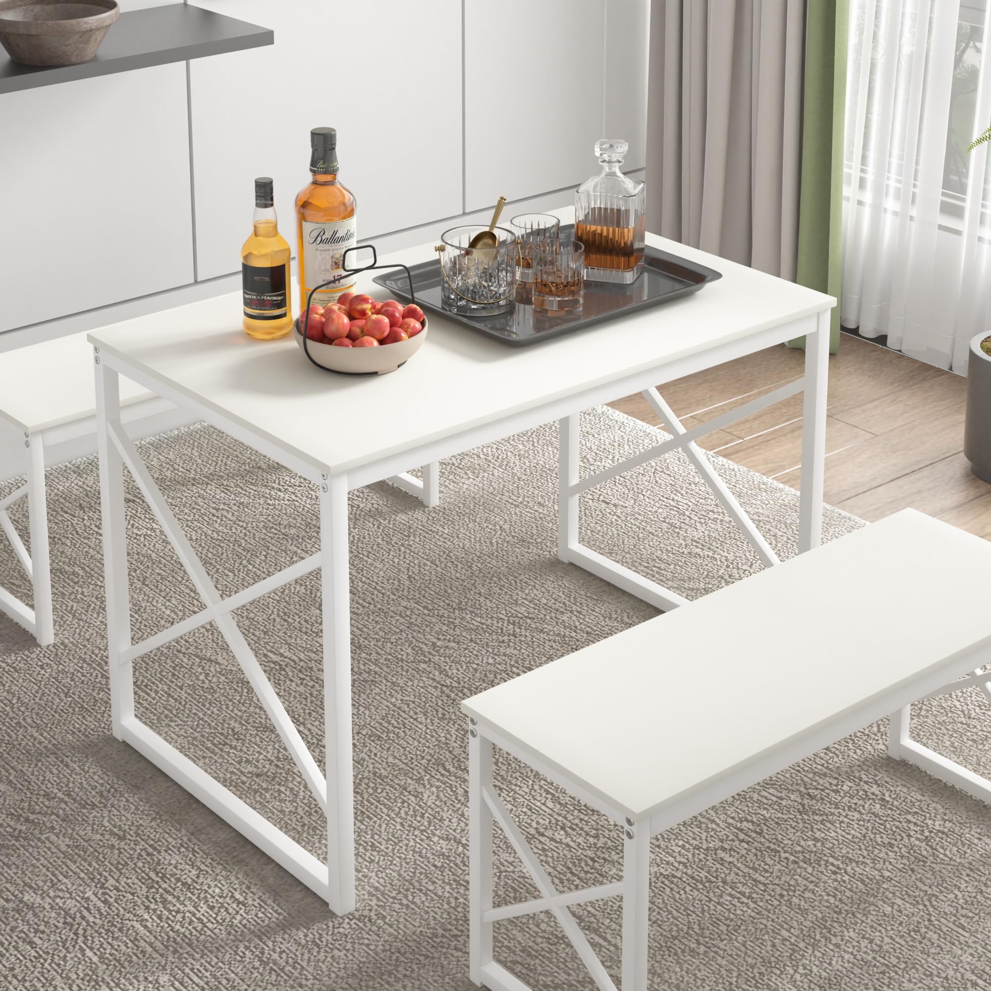 VECELO Kitchen Dining Table Set for 4, 43.3" Wood Rectangle Dinette with 2 Benches, Heavy-Duty Metal Frame for Small Space, Breakfast Nook, White