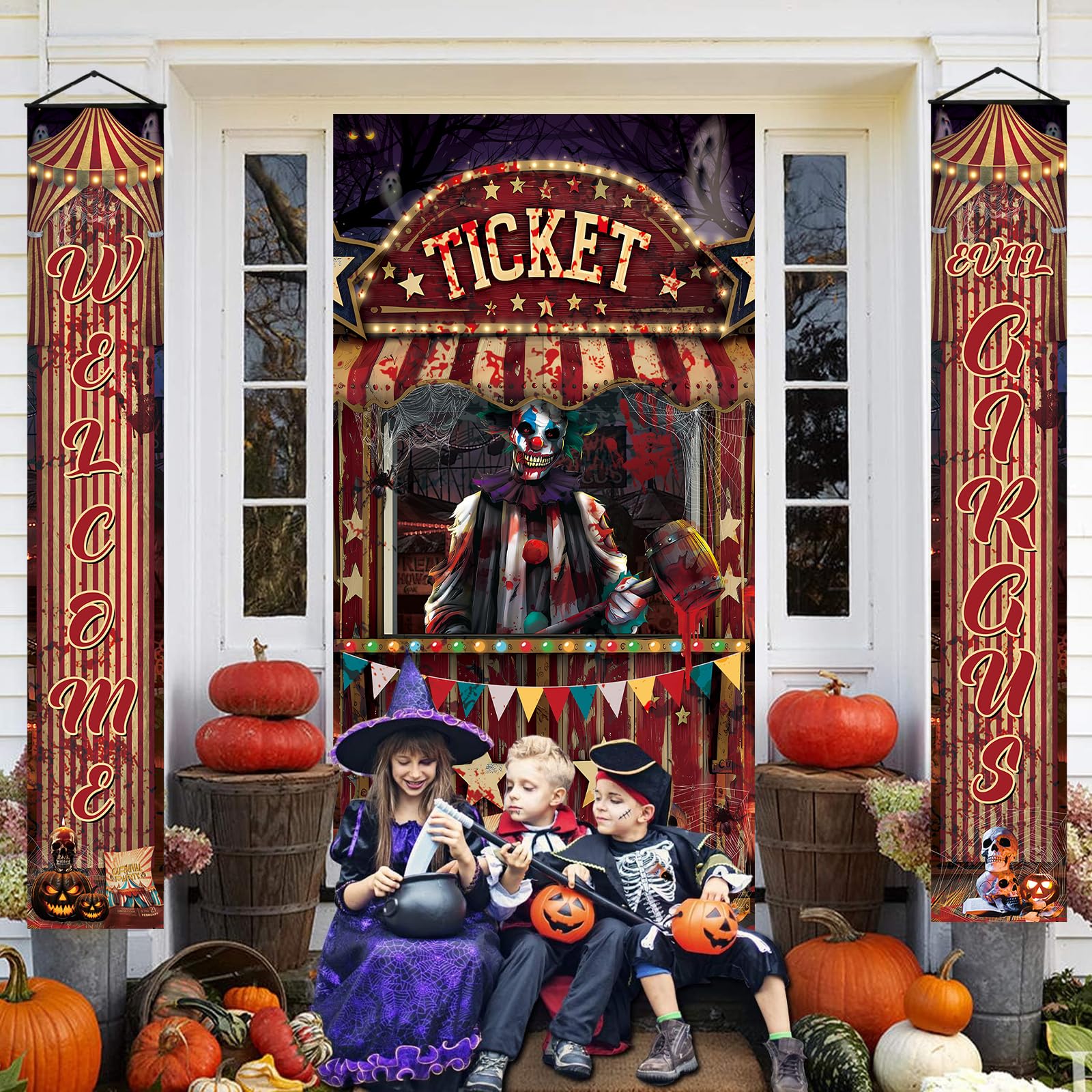 3 Pcs Halloween Creepy Carnival Decorations Scary Ticket Booth Circus Theme Door Cover and 2Pcs Evil Circus Porch Banner for Halloween Eve Circus Theme Outdoor Decorations