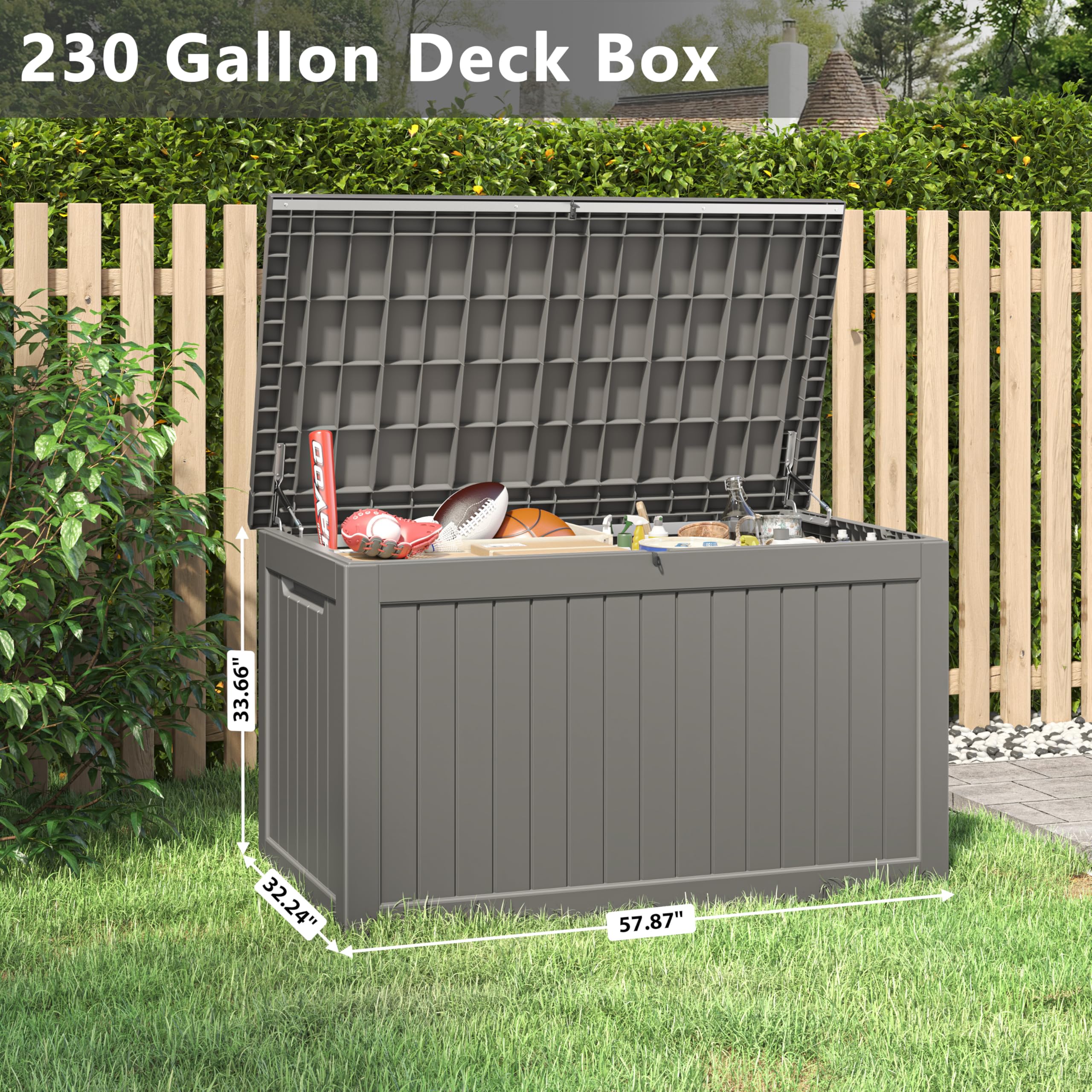 LHBGO Outdoor Storage Box, 230 Gallon Deck Box, Waterproof and UV Resistant Large Resin Storage Bin, Organization and Storage for Patio Furniture, Outdoor Cushions, Garden Tools, Lockable