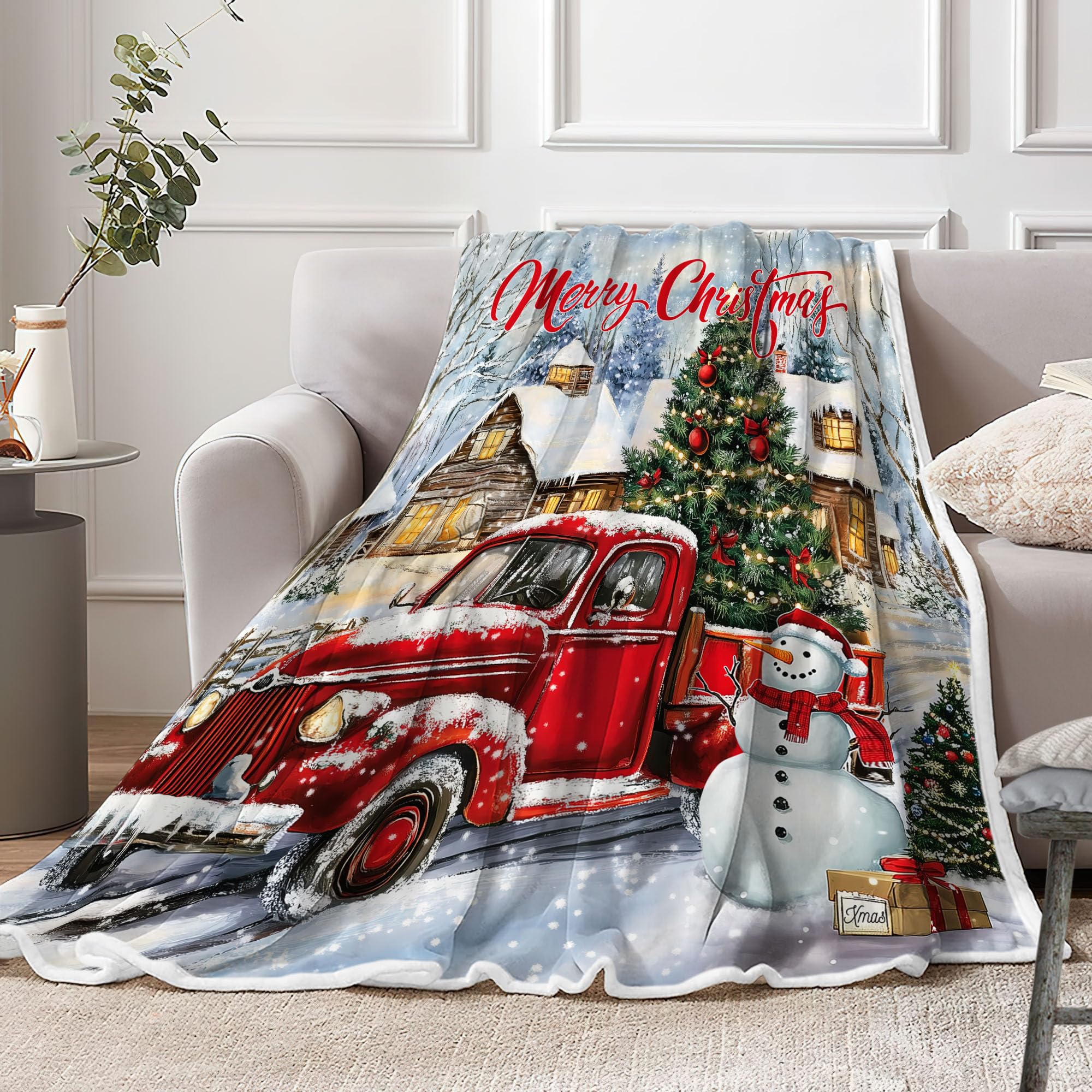 Merry Christmas Blanket, Vintage Red Truck Xmas Tree Winter Snow Snowman Rustic Retro Farmhouse Throw Blanket, for Kids Lightweight Soft Plush Blankets Couch Sofa Bed Blanket 50"X60"in