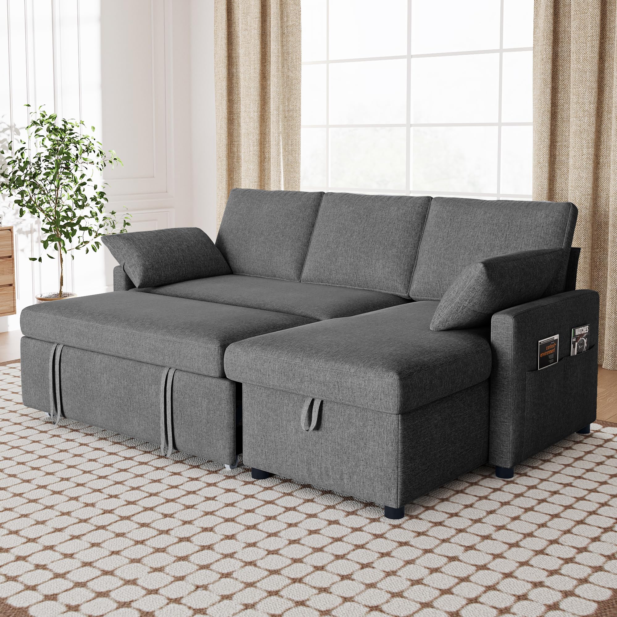 Winlice 4-in-1 Sofa Bed, L Shaped Sleeper Sofa with Pull Out Bed and Storage Chaise Sectional Couch for Living Room, Apartment and Hotel, Dark Gray