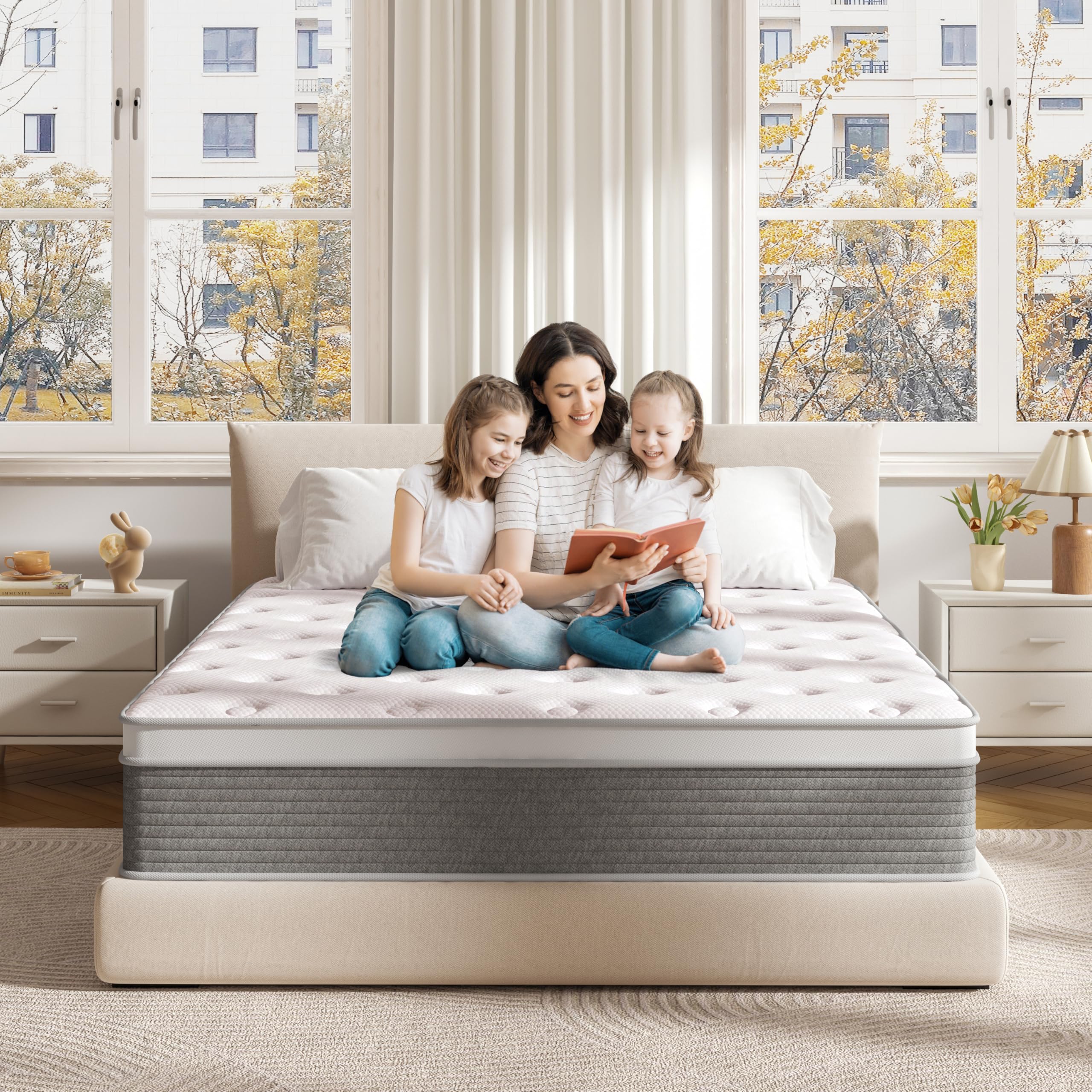 Queen Mattress, 12 Inch Queen Size Mattress Hybrid Design Memory Foam Queen Mattress in a Box for Cooling Sleep Pressure Relief Supportive Fiberglass Free