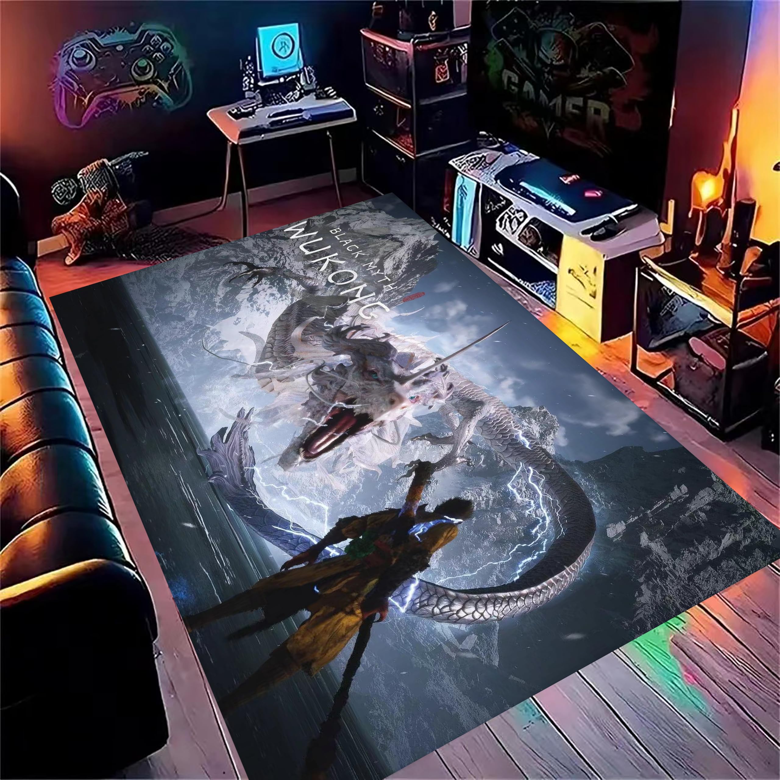 IM HOME Wukong Gaming Area Rug 71 x 47 inches, Cartoon Printed Video Game Computer Carpet Mats Chair Mat for Gaming Room Home Bedroom Decor, Wukong C