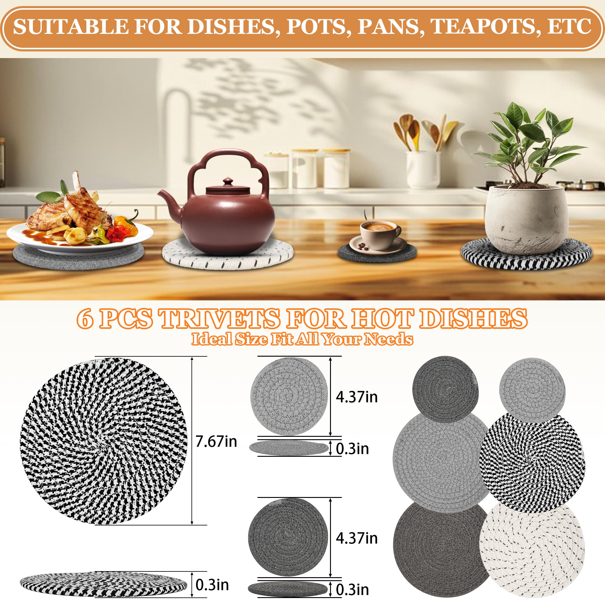 Nagobi 6 Coasters for Drinks, Trivets for Hot Dishes, Heat Resistant Hot Pads, Thick Cotton Pot Holders, Home Essentials, Kitchen Decor for Table & Countertops(Gray)