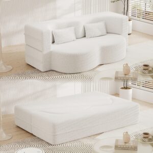 Modern Floor Folding Sofa Bed with 2 Pillows, Teddy Fabric Foam-Filled Convertible Sleeper Sofa Bed, Full Size Folding Mattress for Living Room, Guest Room, Playroom, No Assembly Required, White