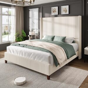 amerlife king size 62" corduroy upholstered bed frame, luxurious platform bed with extra tall wingback headboard and vertical stripe, no box spring needed/solid wood slats & legs/cream