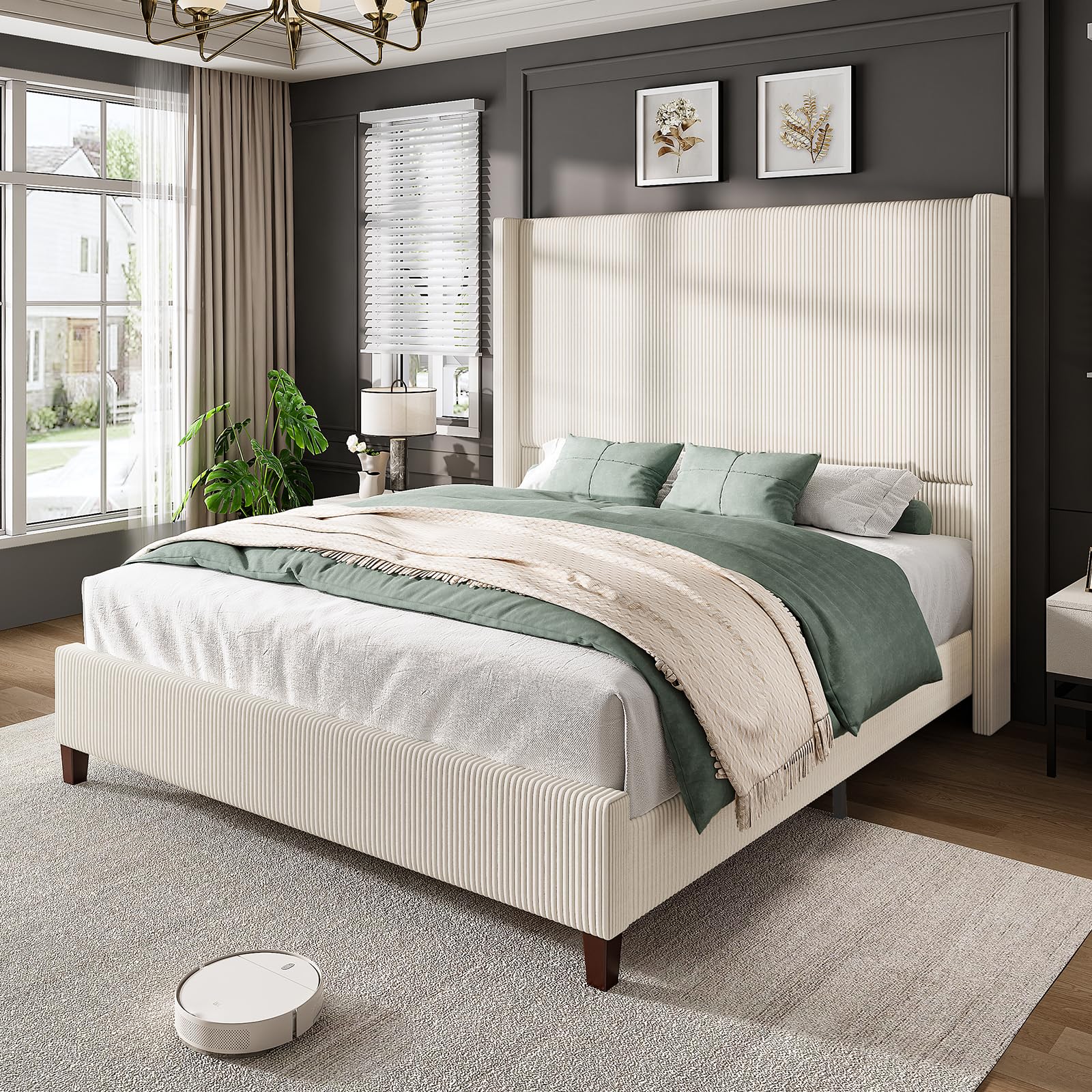 AMERLIFE King Size 62" Corduroy Upholstered Bed Frame, Luxurious Platform Bed with Extra Tall Wingback Headboard and Vertical Stripe, No Box Spring Needed/Solid Wood Slats & Legs/Cream