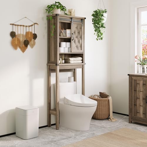 LINSY Farmhouse Over The Toilet Storage Cabinet, Bathroom Organizer with Sliding Barn Door and Adjustable Shelves, Light Brown