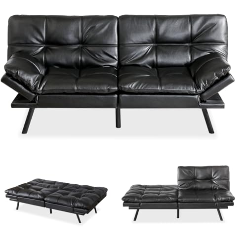 MUUEGM Futon Sofa Bed, 71" Futon Couch Filled with Memory Foam, Modern Loveseat with Adjustable Backrests Armrests, Sofas for Living Room, Game Room, Office, Dormitory.Black Leather