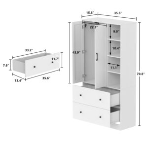 Hitow 2 Door Wardrobe Armoire Closet with Mirror, 35.5" W Wooden Wardrobe Cabinet with Hanging Rod & 2 Drawers, Bedroom Armoire Dresser Wardrobe Clothes Organizer, White