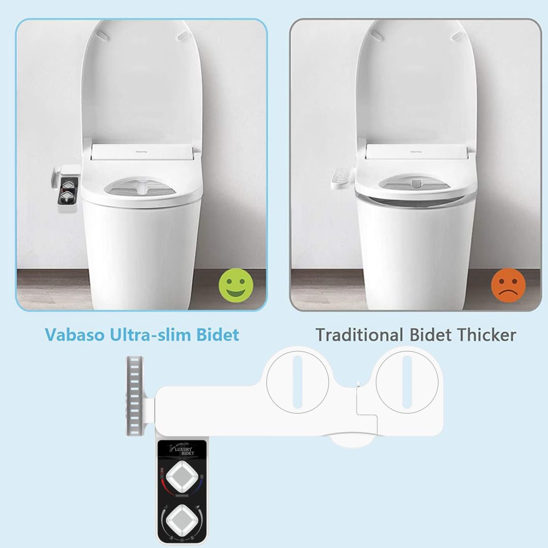 Hot and Cold Bidet Attachment for Toilet, Non-Electric Self Cleaning Dual Nozzle(Frontal/Rear Wash) for Bidet Toilet Seat, Adjustable Water Pressure, Extra Phone Holder