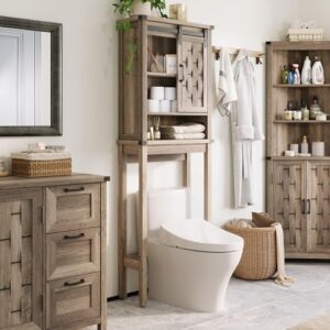 LINSY Farmhouse Over The Toilet Storage Cabinet, Bathroom Organizer with Sliding Barn Door and Adjustable Shelves, Light Brown