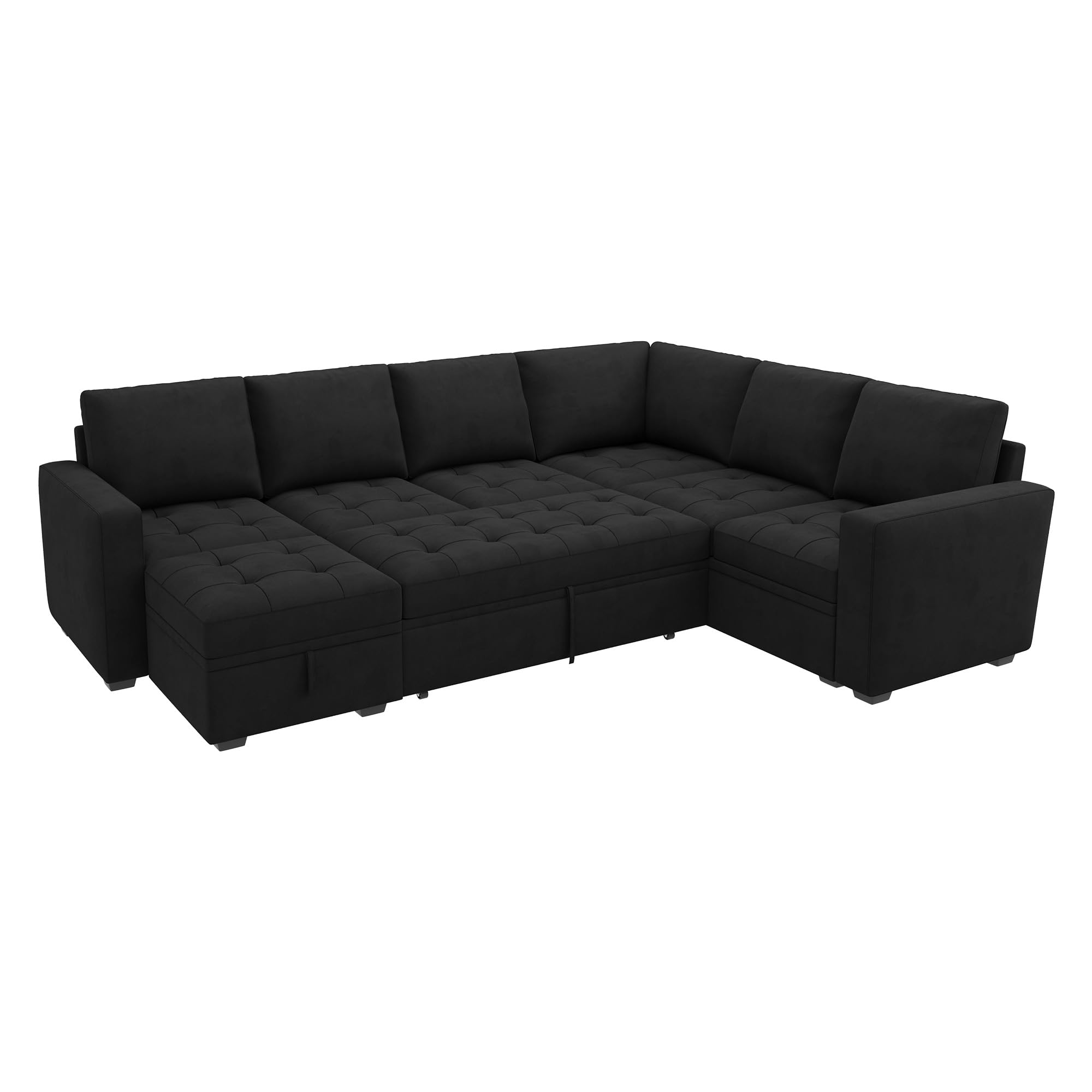 HONBAY Modular Sectional Sleeper Sofa with Pull Out Bed, Velvet Convertible L Shaped Sectional Couch with Storage Seat, Sectional Couches for Living Room, Balck