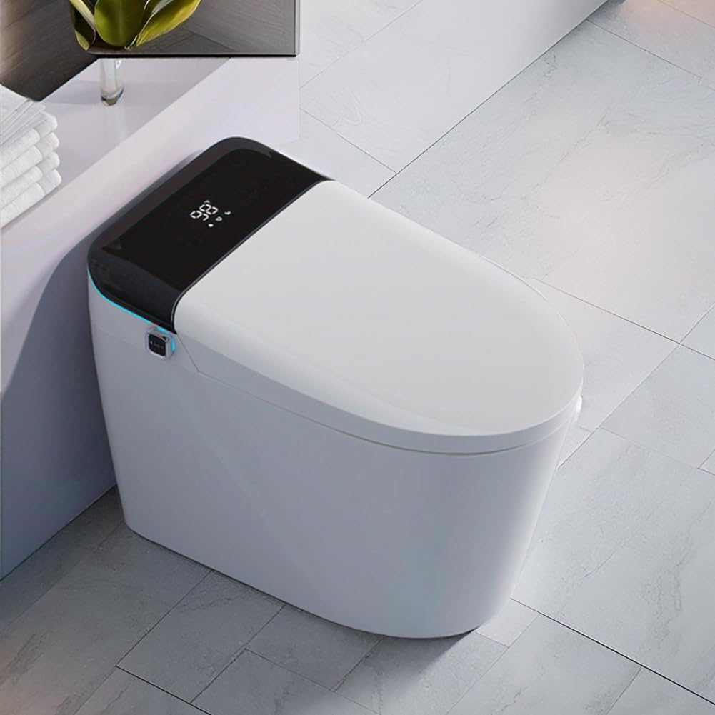 Smart Toilet With Bidet Built in Heated Seat, Auto Open/Close Lid, Modern Toilet Elongated, One Piece Tankless, LED Display, Night Light, Warm Water/Air Dry, Auto Flush, Foot Sensor, Remote Control