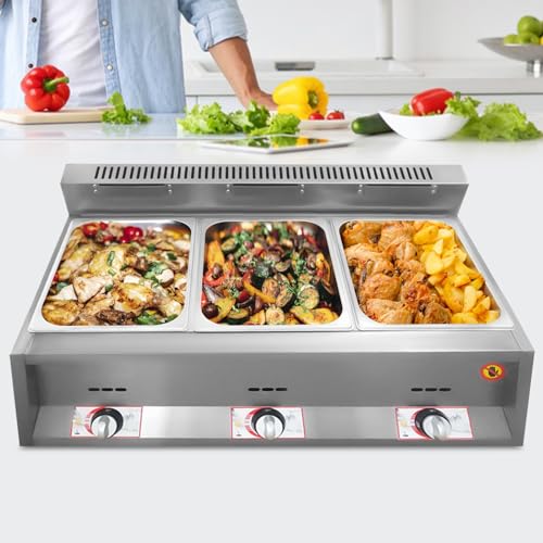 LyeXD 3-Pan Commercial Food Warmer, Electric Countertop Steam Table Adjustable Temp Gas Fryer, Stainless Steel Buffet Bain Marie Cooking Heating Pot for Home and Restaurant Use