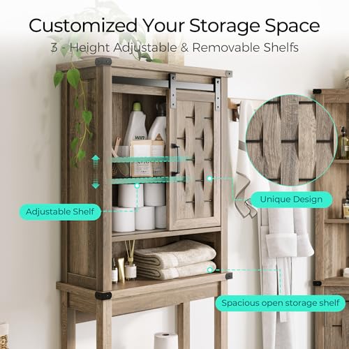 LINSY Farmhouse Over The Toilet Storage Cabinet, Bathroom Organizer with Sliding Barn Door and Adjustable Shelves, Light Brown