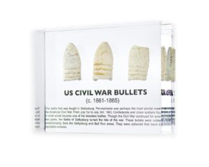 civil war minié ball bullets display - authentic lead bullets preserved in lucite, handmade in usa, 4x3x1 inches, for display or education purposes