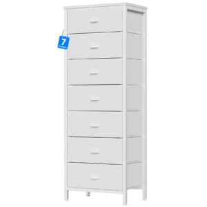 furnulem white tall dresser for bedroom with 7 drawers, vertical chest of drawers in closet, end table, nightstand storage tower unit organizer with fabric bins for dorm,living room,entryway,hallyway