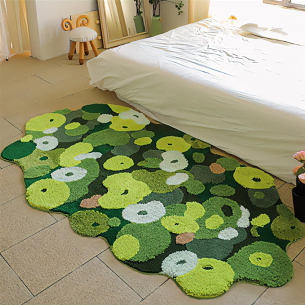 XYRuiHang Shag 3D Moss Green Rug Carpet for Bedroom Aesthetic Bedside Rug Soft Fluffy Irregular Moss Area Rug for Living Room Non Slip Large Moss Bath Mats Washable Nursery Hallway Runner (39x20)