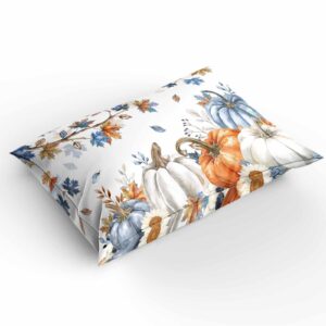 Fall Navy Blue Pumpkins 3 Pieces Bedding Set Cal. King Size, Thanksgiving Maple Leaves Soft Duvet Cover Set Comforter Cover Set with Zipper Closure&Corner Ties All-Season Breathable Bedding Set