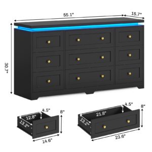 AOGLLATI Long Dresser for Bedroom, 55” Black 9 Drawer Dresser with Led Lights, Modern Large Wood Chest of Drawers, Led Wide Bedroom Dresser with Top Floating Design for Bedroom Hallway,Black